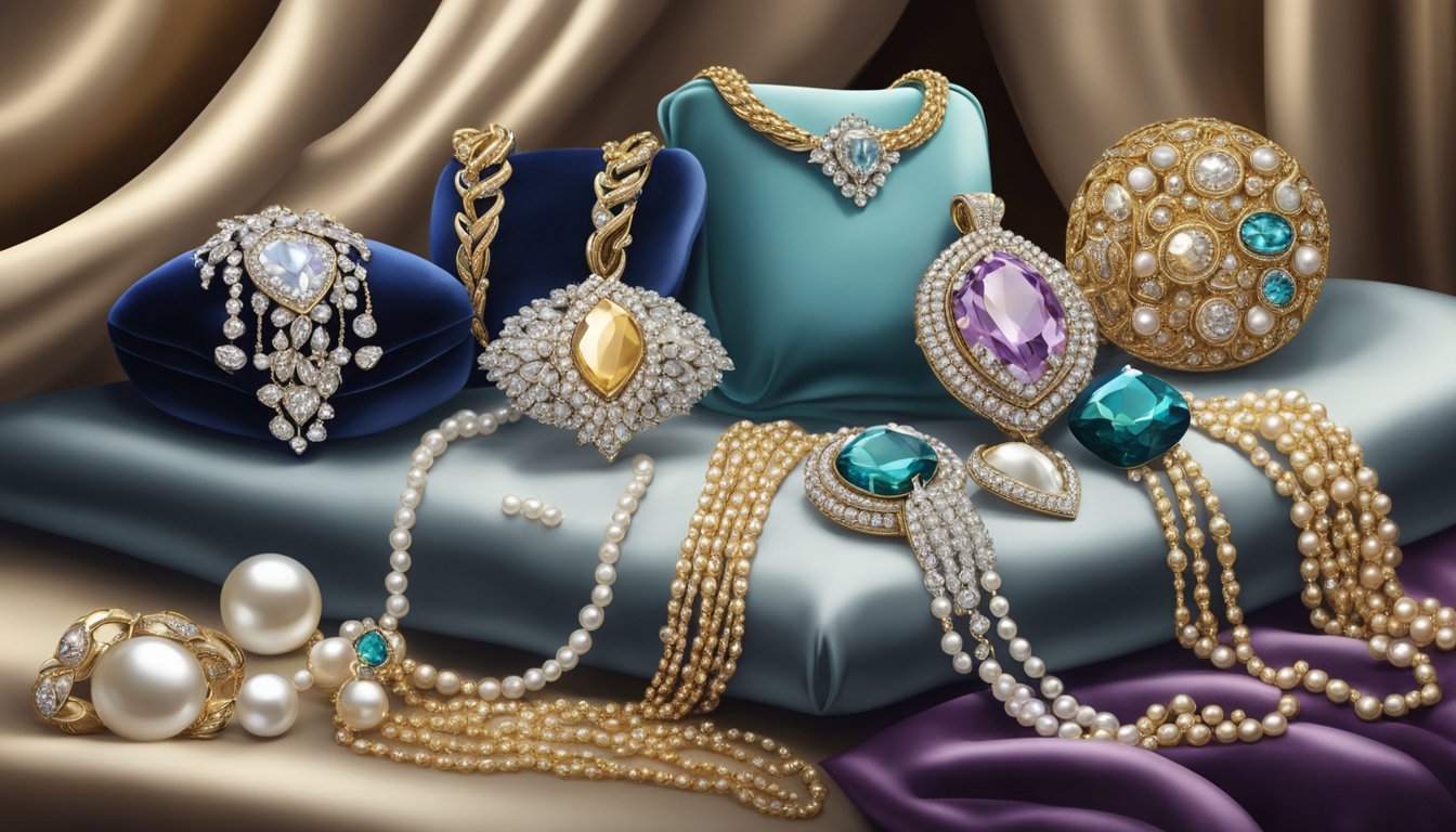A display of elegant jewelry arranged on velvet cushions, catching the light and sparkling with diamonds, pearls, and gemstones, with a backdrop of luxurious velvet drapes