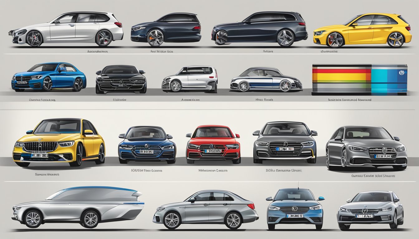 German car logos displayed on a timeline, showcasing the evolution and legacy of brands like BMW, Mercedes-Benz, Volkswagen, and Audi