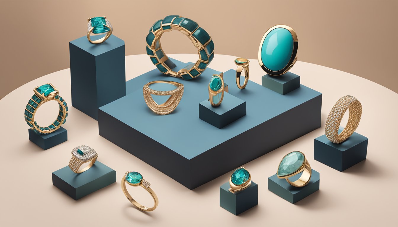 A display of modern jewelry pieces from emerging brands, showcasing unique designs and materials