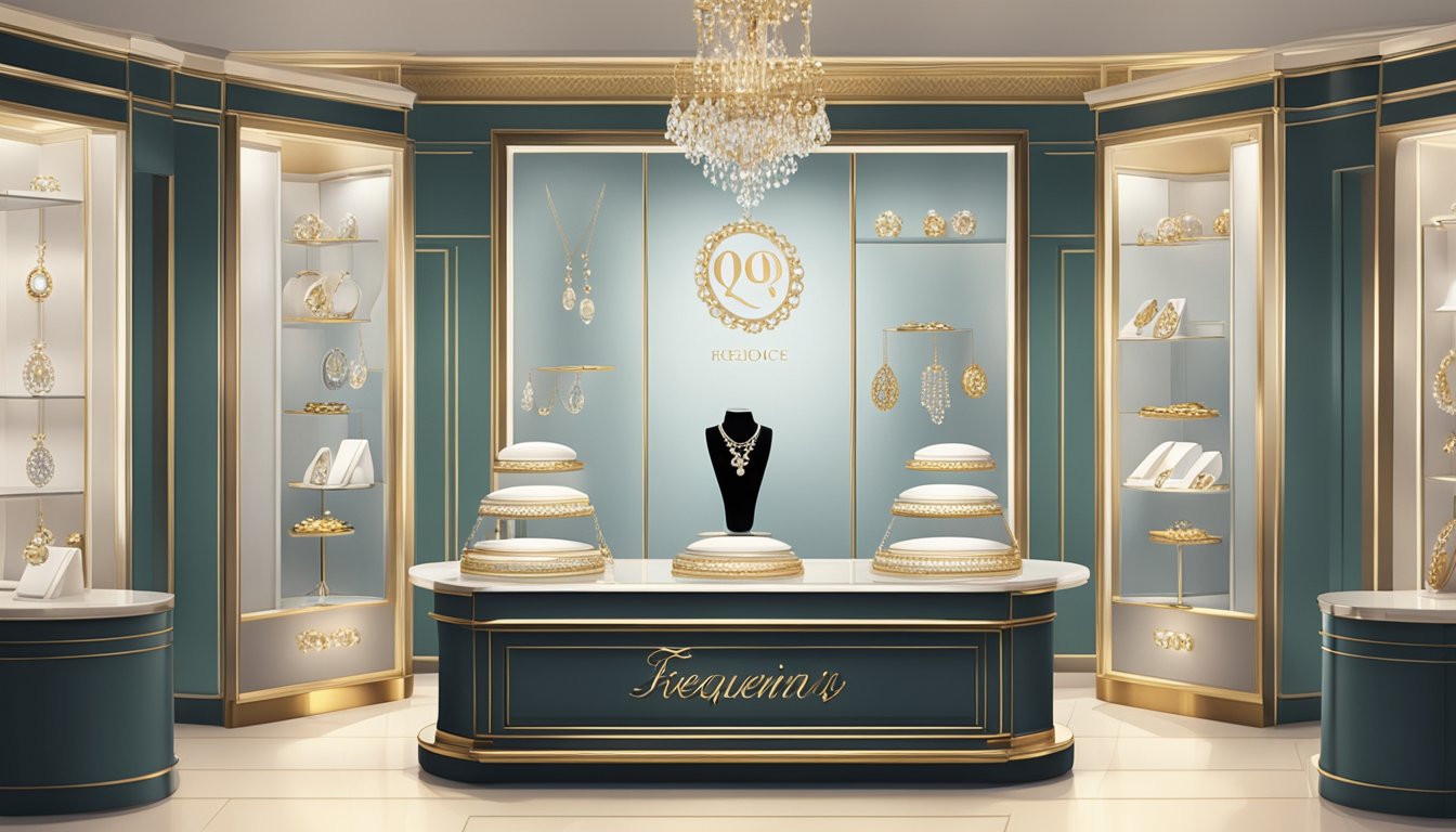 A display of elegant jewelry with a "Frequently Asked Questions" sign in a boutique setting