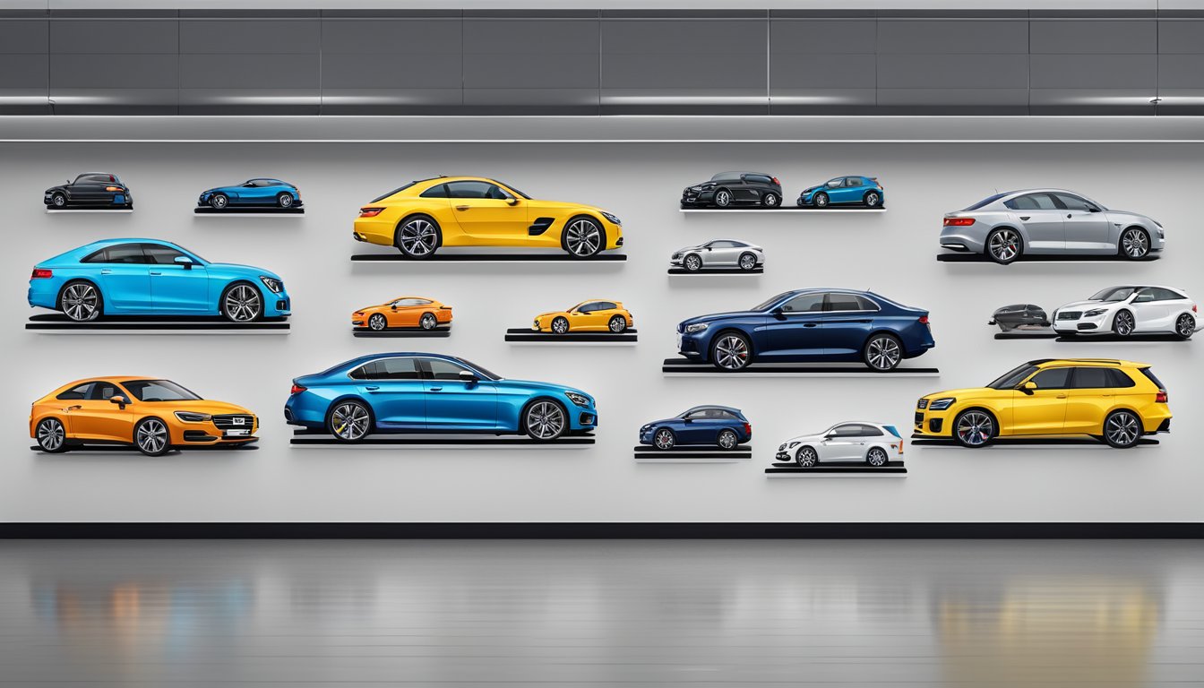 Several German car logos displayed on a sleek showroom wall