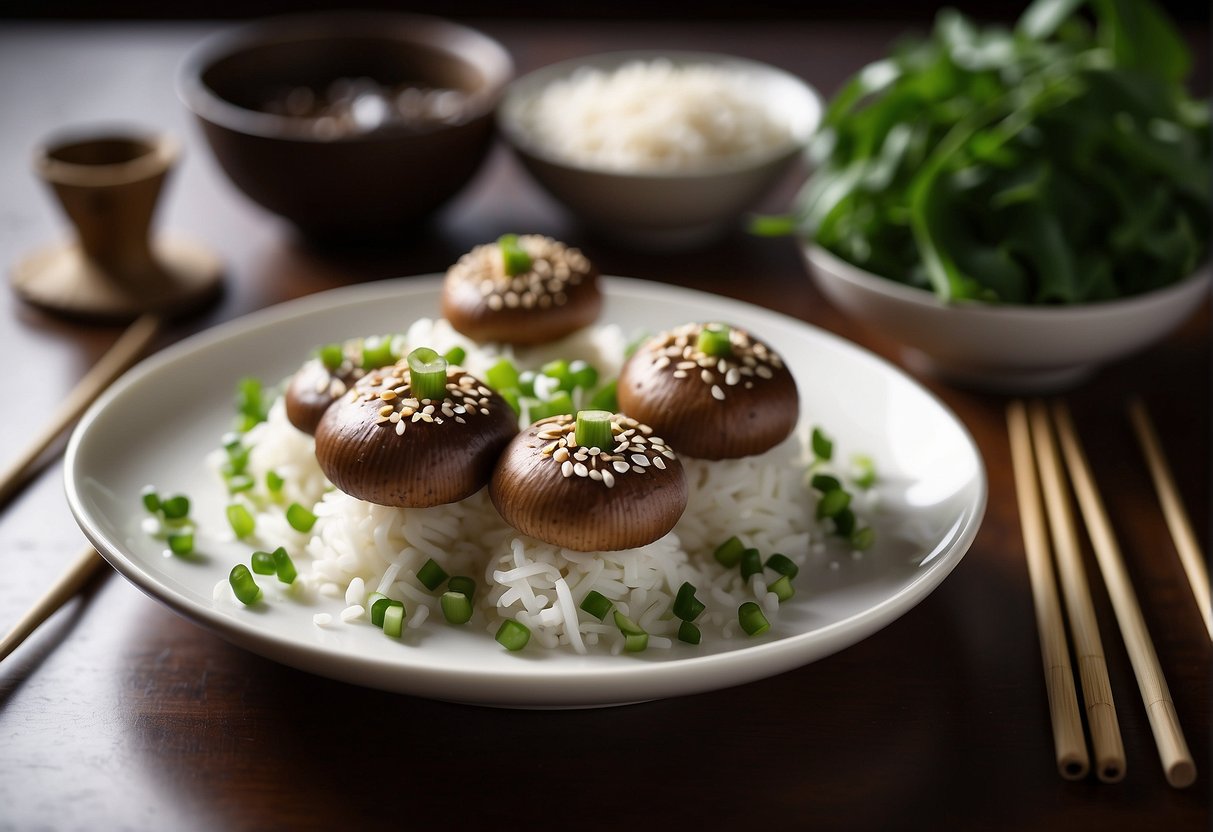 Shiitake mushrooms arranged on a white plate with garnishes of green onions and sesame seeds, accompanied by a pair of chopsticks