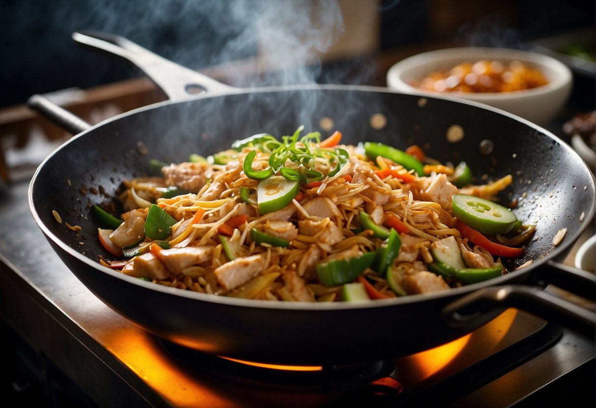 A wok sizzles with tender shredded chicken, stir-fried with ginger, garlic, and vegetables in a savory soy sauce