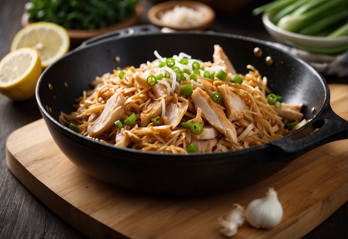 A cutting board with shredded chicken, soy sauce, ginger, and green onions. A wok sizzling with oil, stir-frying the ingredients