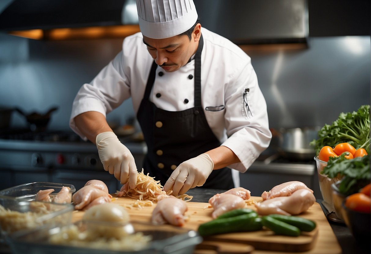 A chef gathers ingredients, slices chicken, and prepares marinade for Chinese shredded chicken recipe