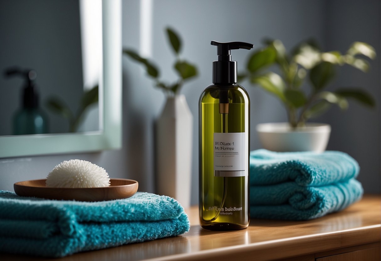 A bottle of anti-dandruff shampoo sits on a bathroom shelf, next to a soft towel and a comb