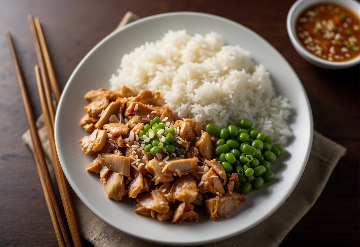 A plate of Chinese shredded chicken with colorful vegetables and a side of steamed rice, garnished with sesame seeds and green onions