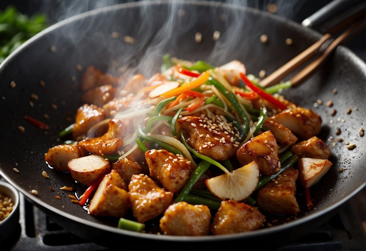 A wok sizzles as chicken, ginger, and garlic are stir-fried. Soy sauce, vinegar, and sugar are added, creating a savory aroma