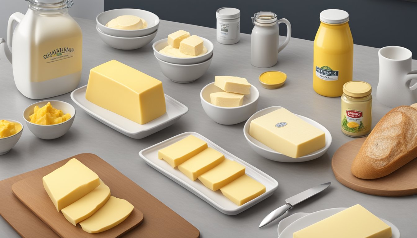 Various butter brands displayed on a clean, modern kitchen countertop with a knife and bread nearby