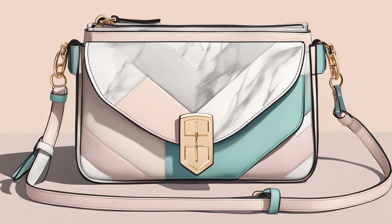 A branded crossbody bag sits on a marble countertop, surrounded by scattered accessories and a soft, pastel-colored scarf. The bag's sleek design and recognizable logo exude a sense of luxury and sophistication