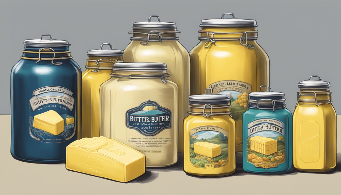A display of vintage butter churns and packaging, showcasing the evolution of butter brands over time