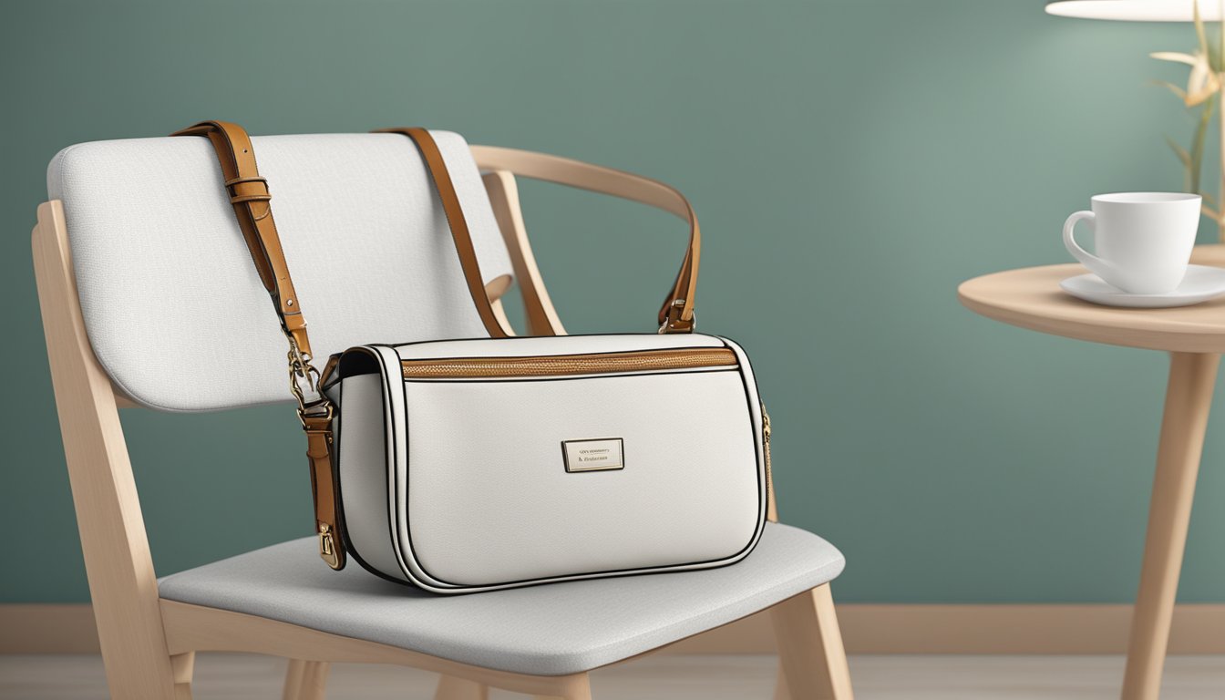 A branded crossbody bag hangs from a chair, showcasing its perfect size and style