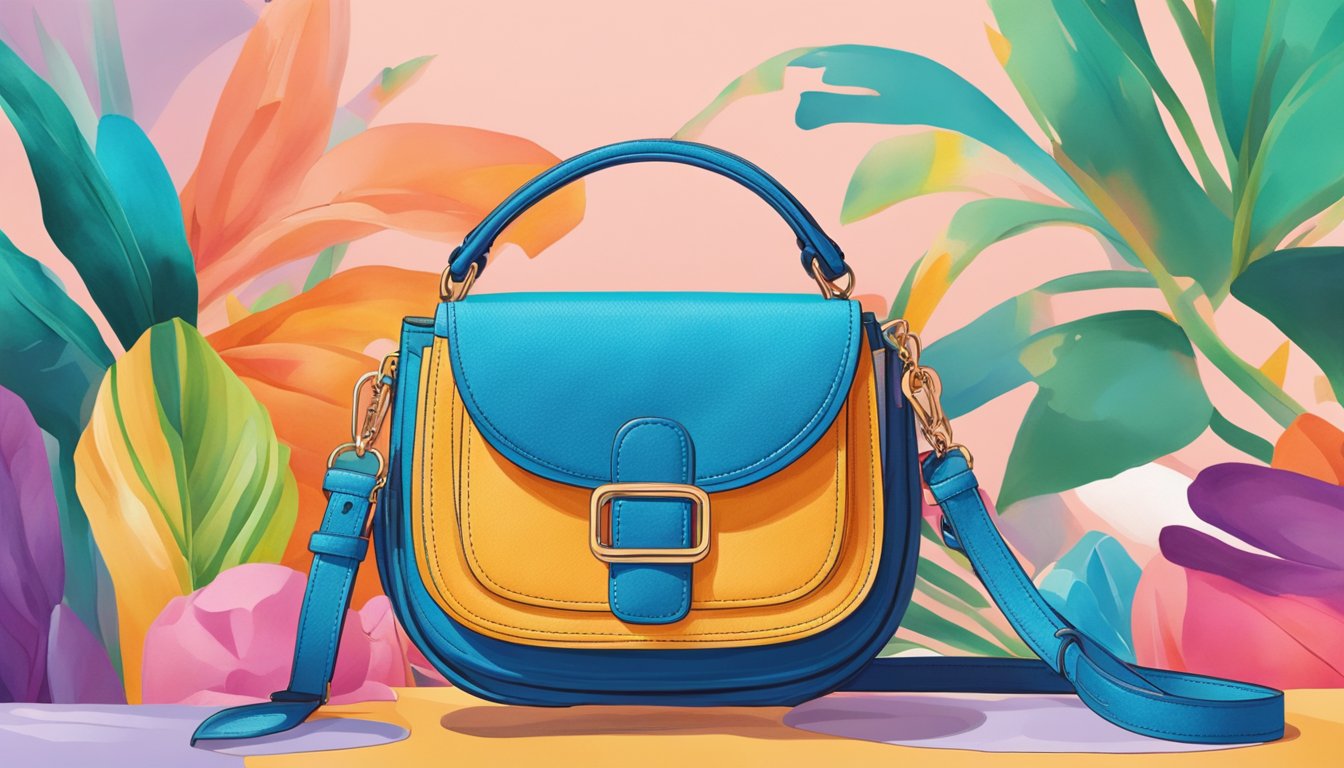 A vibrant, branded crossbody bag sits against a backdrop of a colorful world, with a mix of bold and soft hues surrounding it