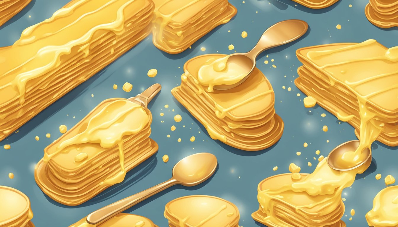 A stick of butter melting in a hot pan, sizzling as it transforms into a golden liquid. A spoonful of melted butter being drizzled over a stack of fluffy pancakes
