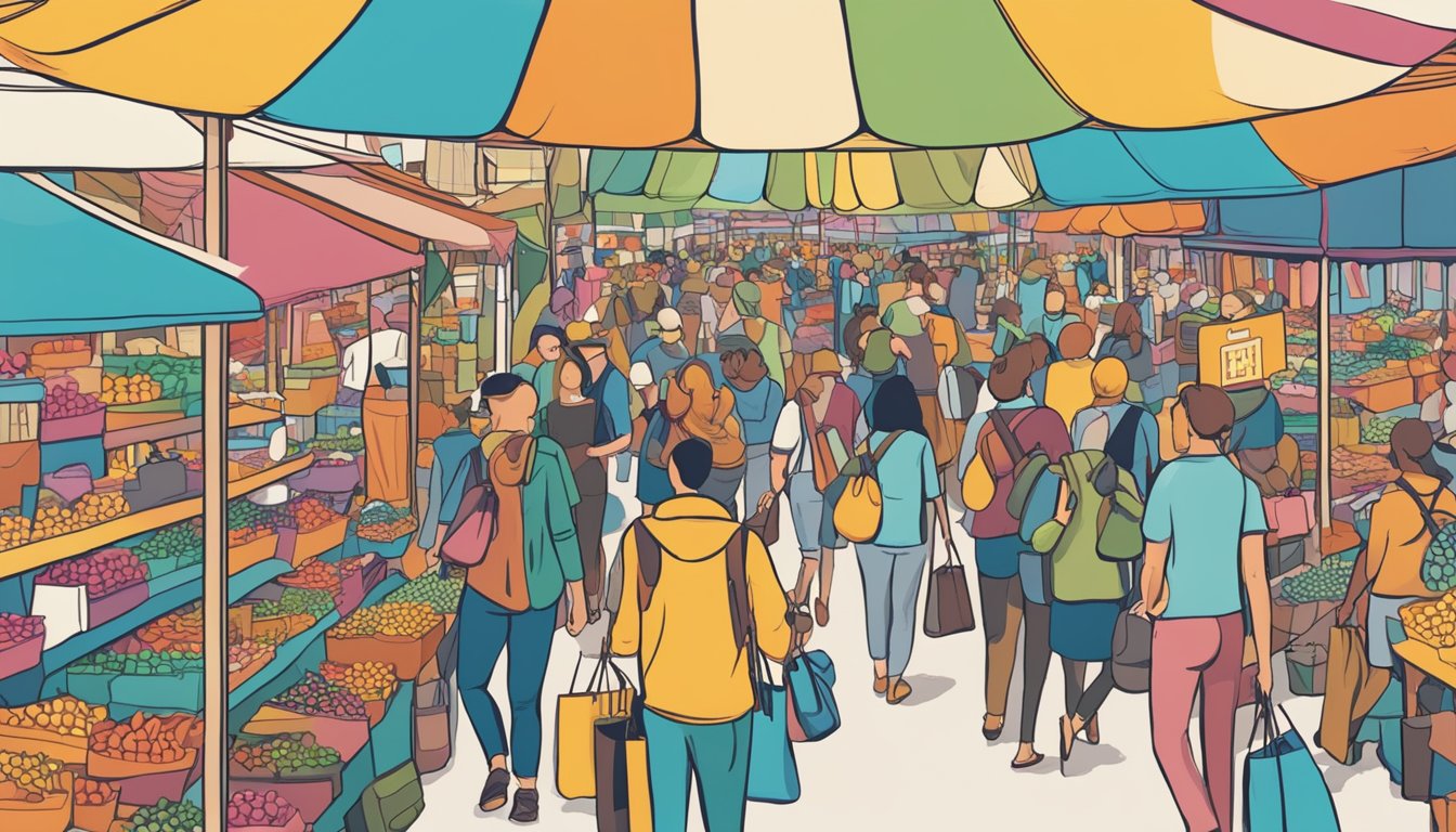 A crowded marketplace with colorful stalls and signs advertising "Best Deals" on branded crossbody bags. Shoppers eagerly compare prices and quality, while vendors call out their promotions