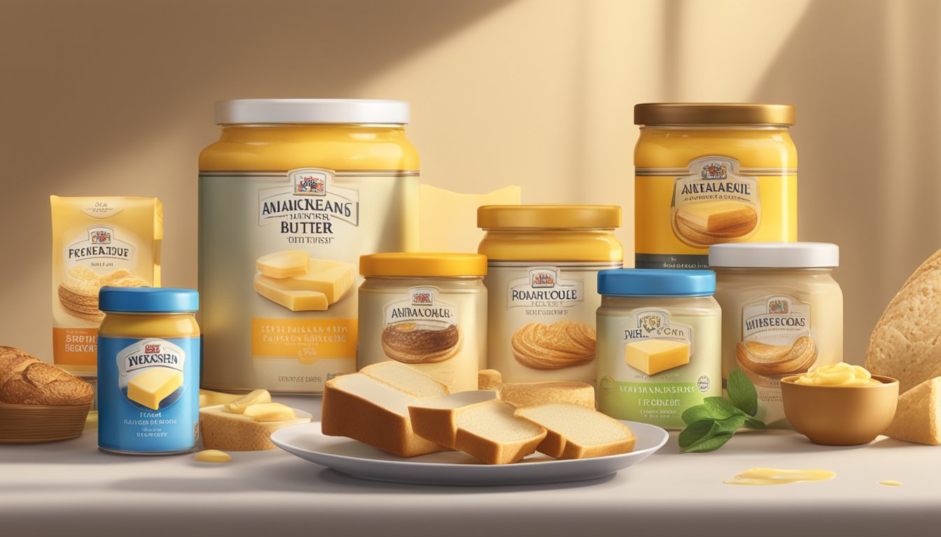 A table adorned with various butter brands, each in unique packaging, surrounded by the warm glow of natural light, with a hint of the rich aroma of freshly baked bread in the air