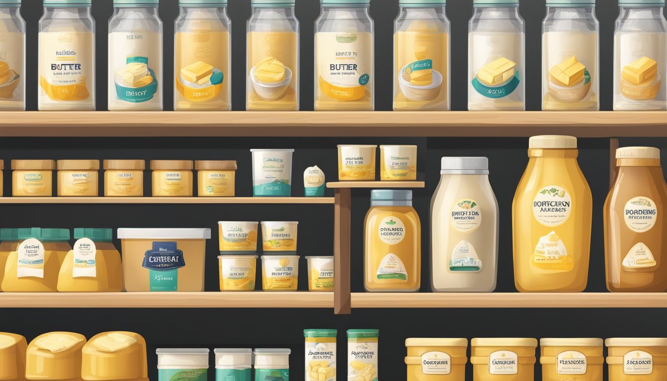 Various butter brands displayed on shelves with clear labels and price tags. A consumer comparing different options with a helpful guide nearby