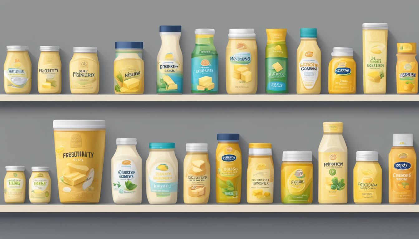 Various butter brands arranged on a shelf with a "Frequently Asked Questions" sign above