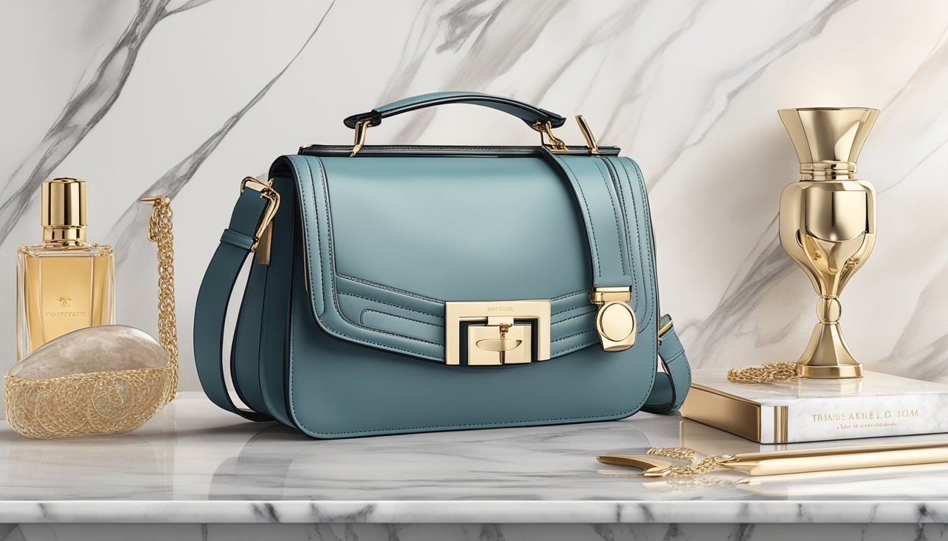 A branded crossbody bag sits on a marble countertop, surrounded by luxury accessories. Its sleek design and high-quality materials convey a sense of timeless elegance