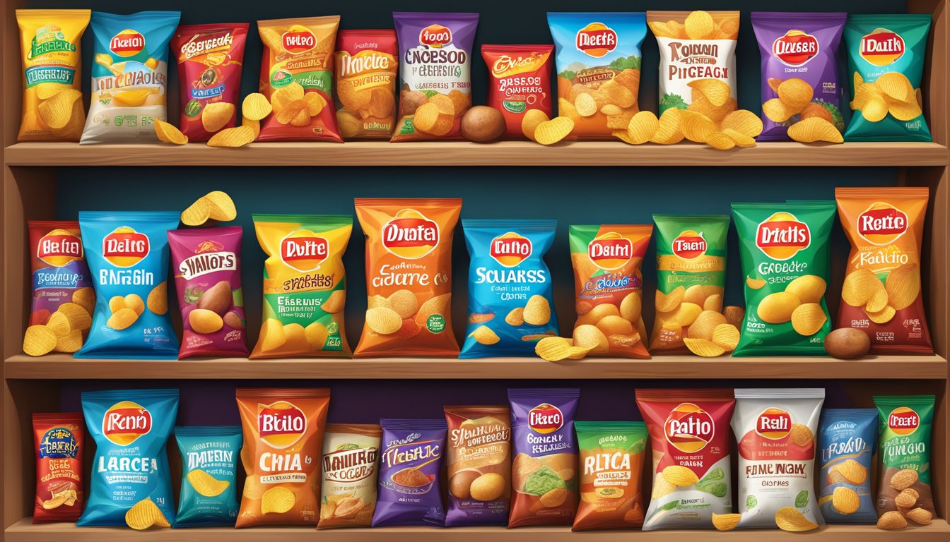 Various potato chip brands displayed on shelves with colorful packaging and bold logos. Light shining down on the assortment, creating a vibrant and inviting scene for an illustrator to recreate