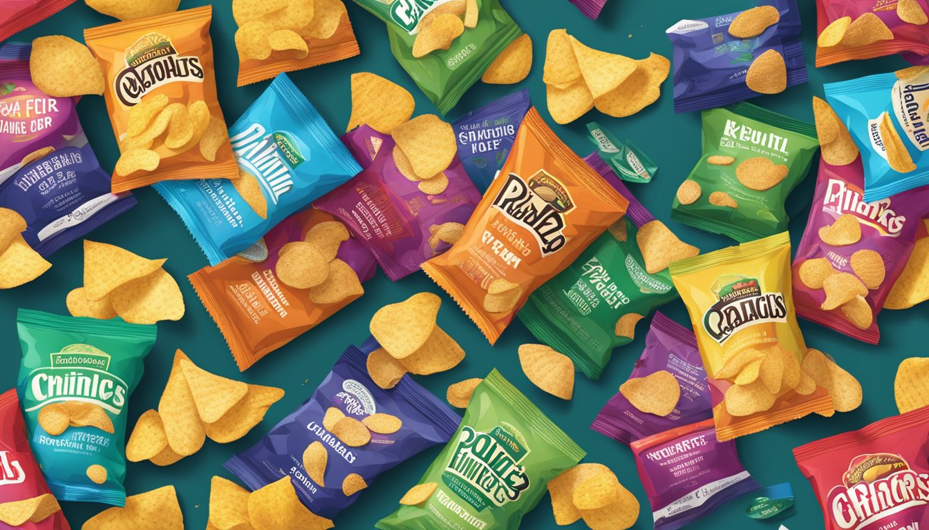 Various potato chip bags lay scattered, each boasting unique textures and typefaces. Crunchy ridges, bold lettering, and vibrant colors compete for attention
