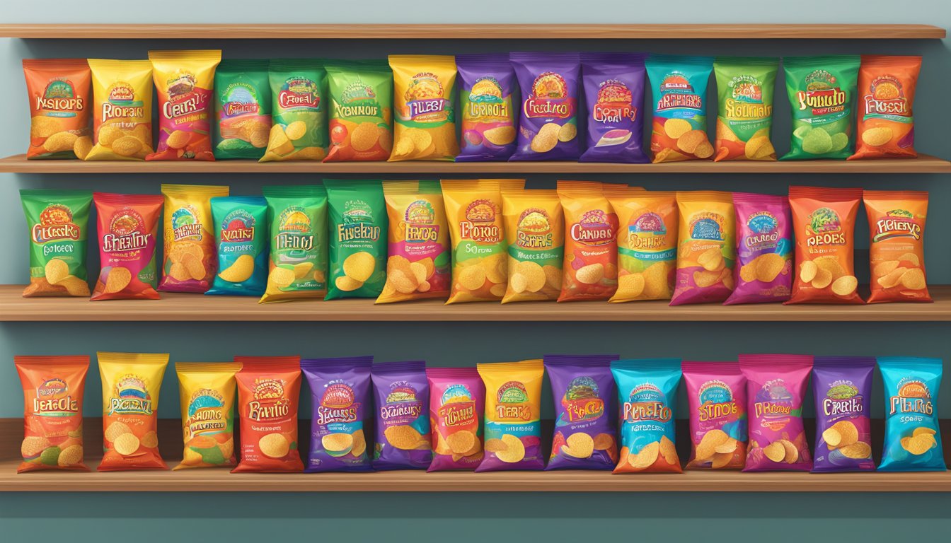 A colorful display of Flavour Fiesta potato chip bags arranged on a shelf, with vibrant packaging and bold flavor names