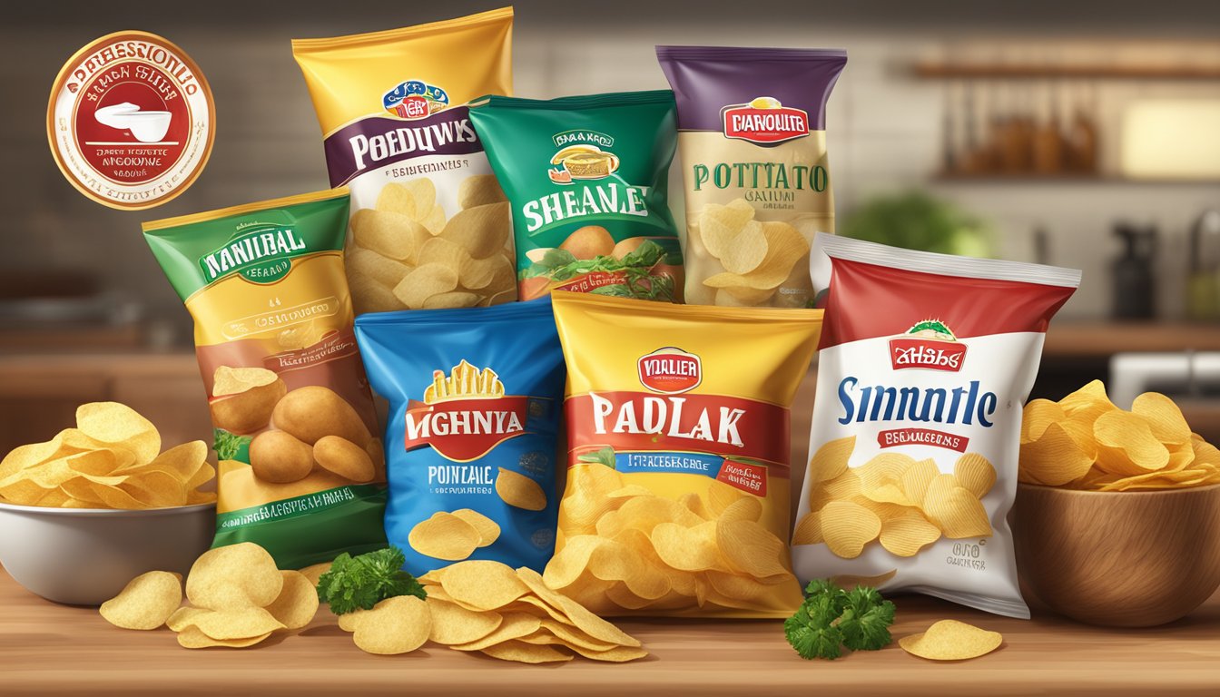 A variety of potato chip brands displayed with fresh ingredients like potatoes, salt, and seasonings in the background