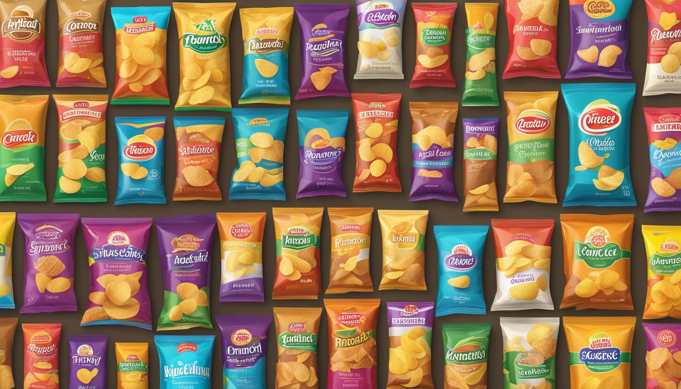 A variety of potato chip brands are arranged neatly on a display shelf, with colorful packaging and labels clearly visible