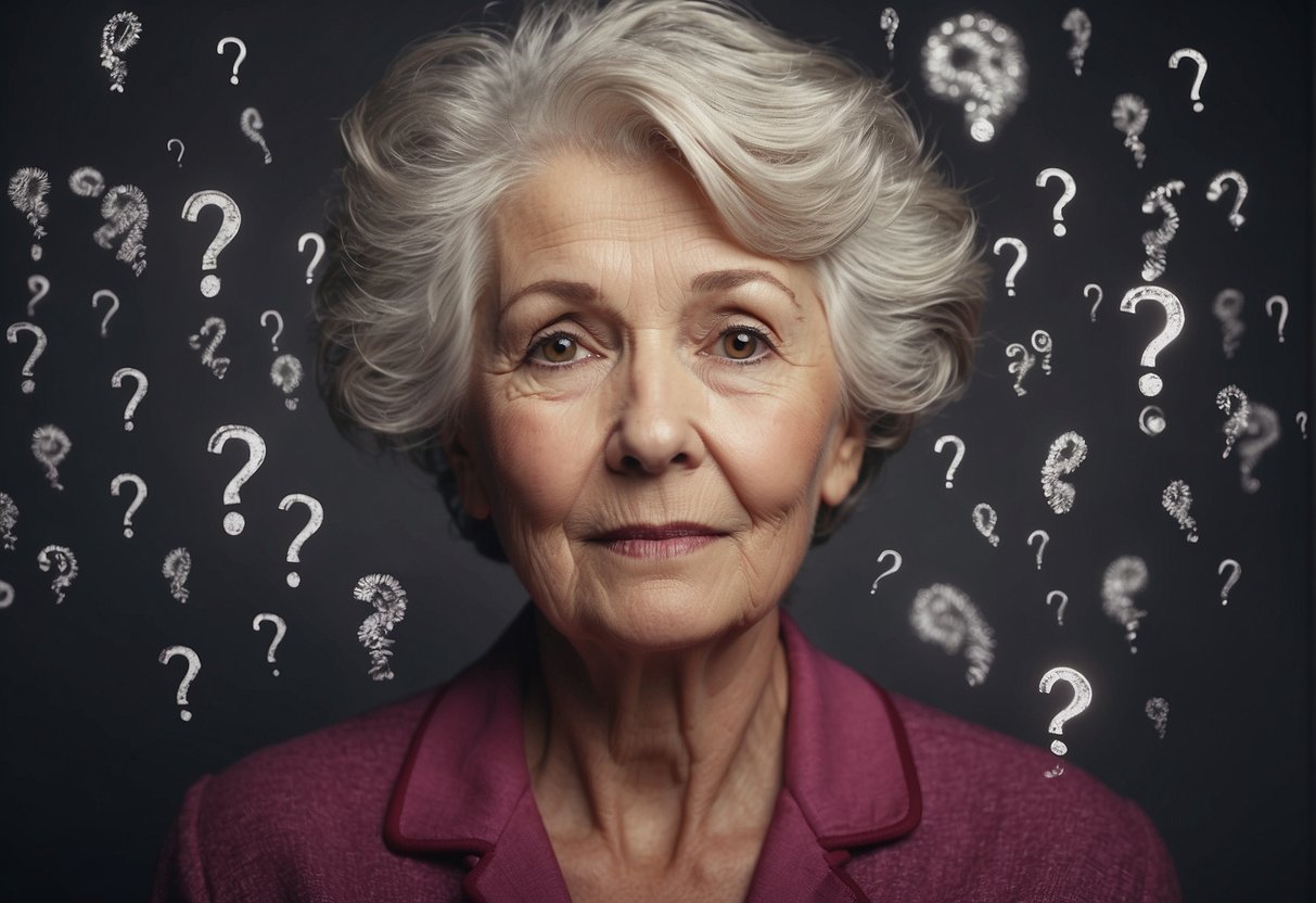 Elderly women with growing pubic hair, surrounded by question marks