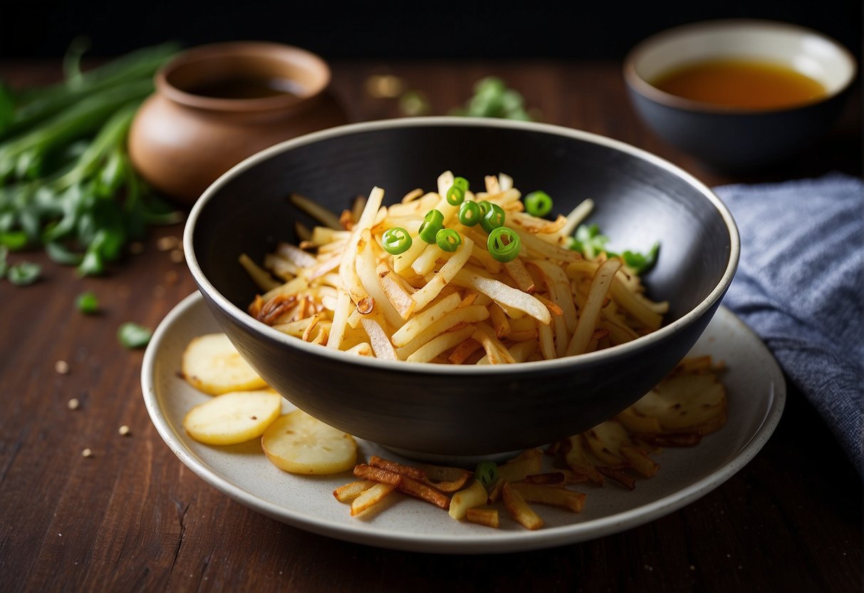 A bowl of shredded potatoes mixed with soy sauce, vinegar, and spices. A wok sizzles with hot oil as the potatoes are stir-fried until crispy. Garnished with green onions