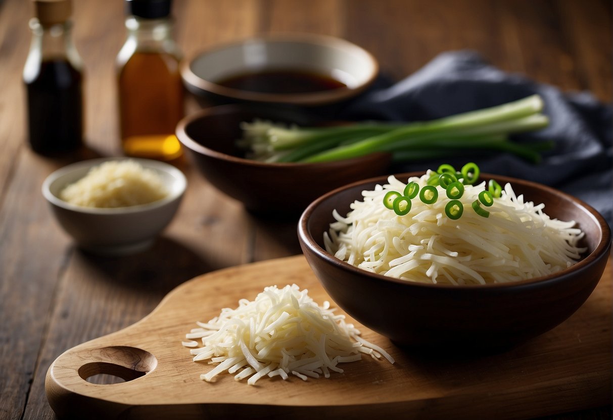 A bowl of shredded potatoes, soy sauce, vinegar, and green onions sit on a wooden cutting board. A bottle of sesame oil and a grater are nearby