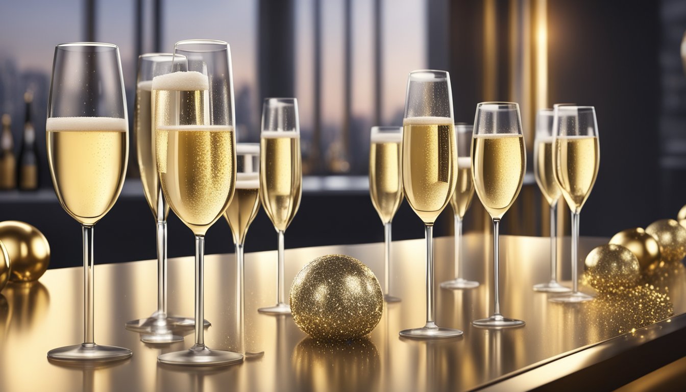Bottles of champagne lined up on a sleek, modern bar, with elegant glasses filled with effervescent bubbles, surrounded by golden sparkles and a sense of luxury