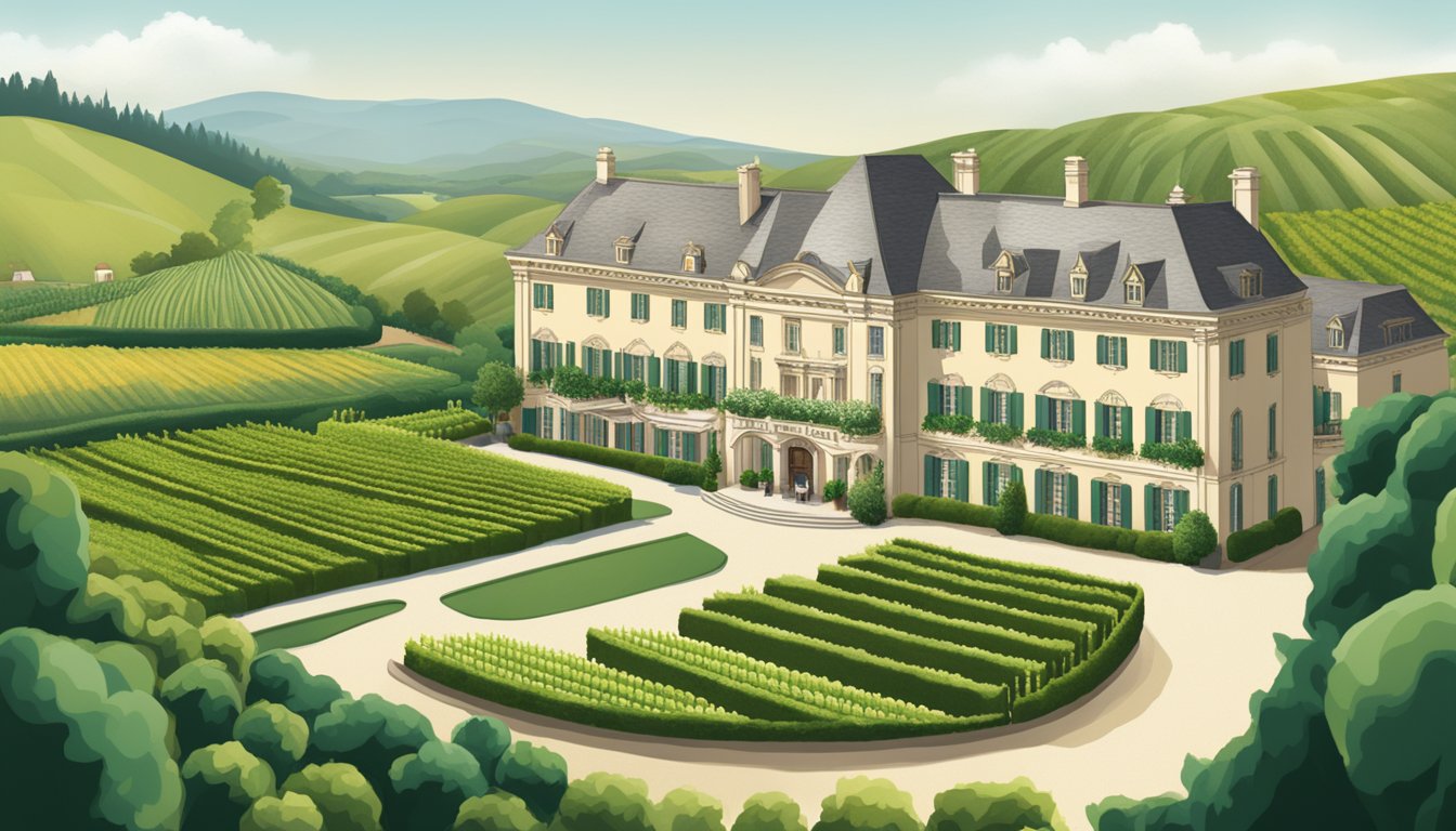 The Champagne Houses stand tall, each with its distinctive logo and grand architecture, surrounded by lush vineyards and rolling hills