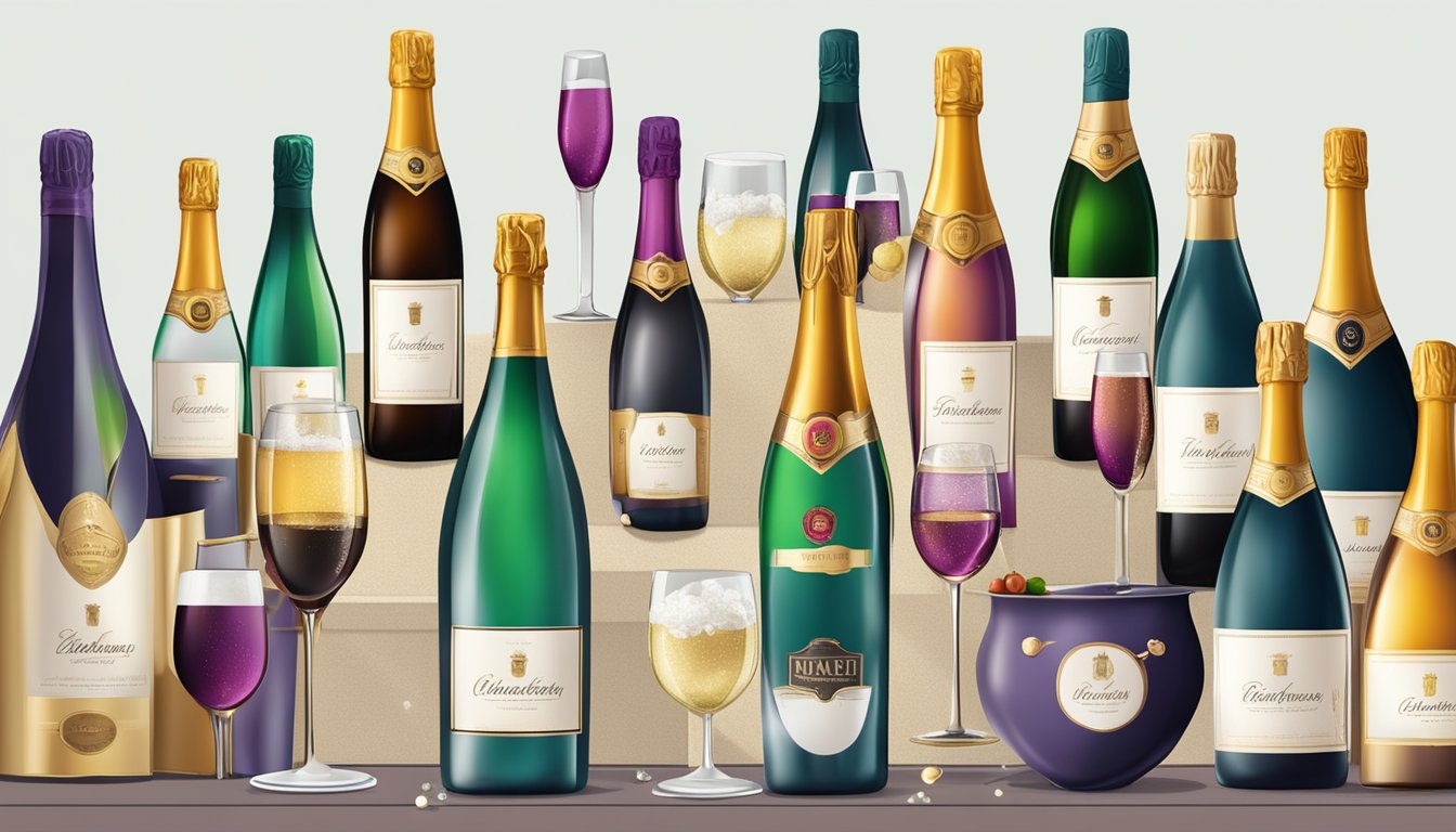A table with various champagne bottles, each with unique labels, surrounded by wine glasses and a bucket of ice