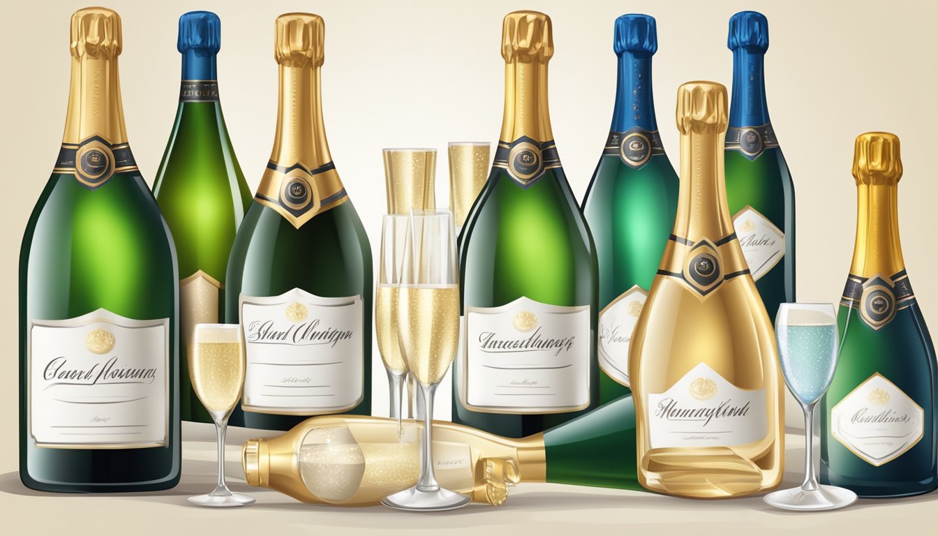 Bottles of champagne lined up with elegant labels, surrounded by crystal flutes and a notepad for tasting notes
