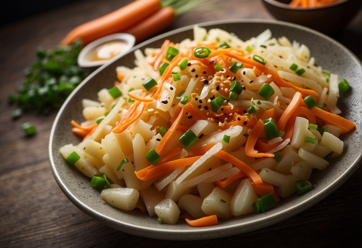 A bowl of shredded potatoes, carrots, and green onions with a drizzle of soy sauce and a sprinkle of sesame seeds