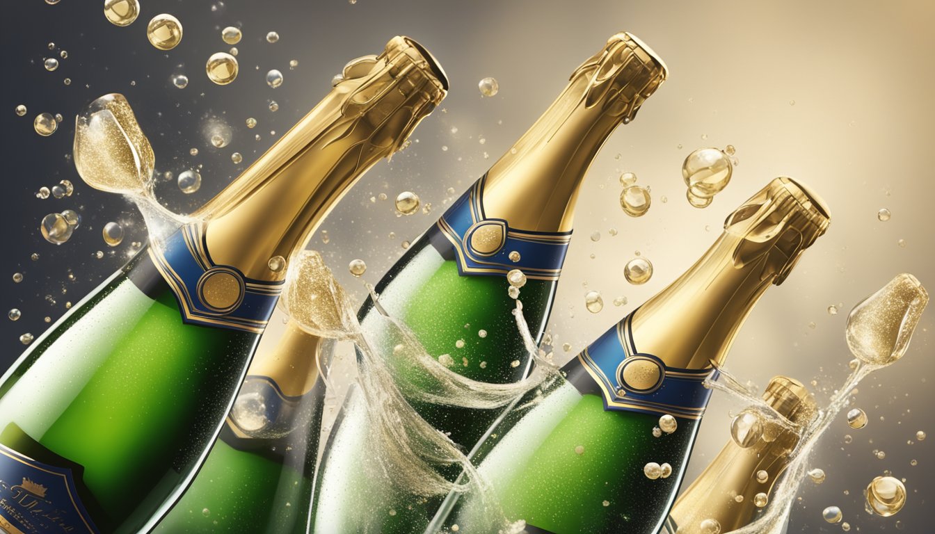 Bottles of Champagne popping open, fizzy liquid pouring into flutes, bubbles rising to the top, and glasses clinking in celebration