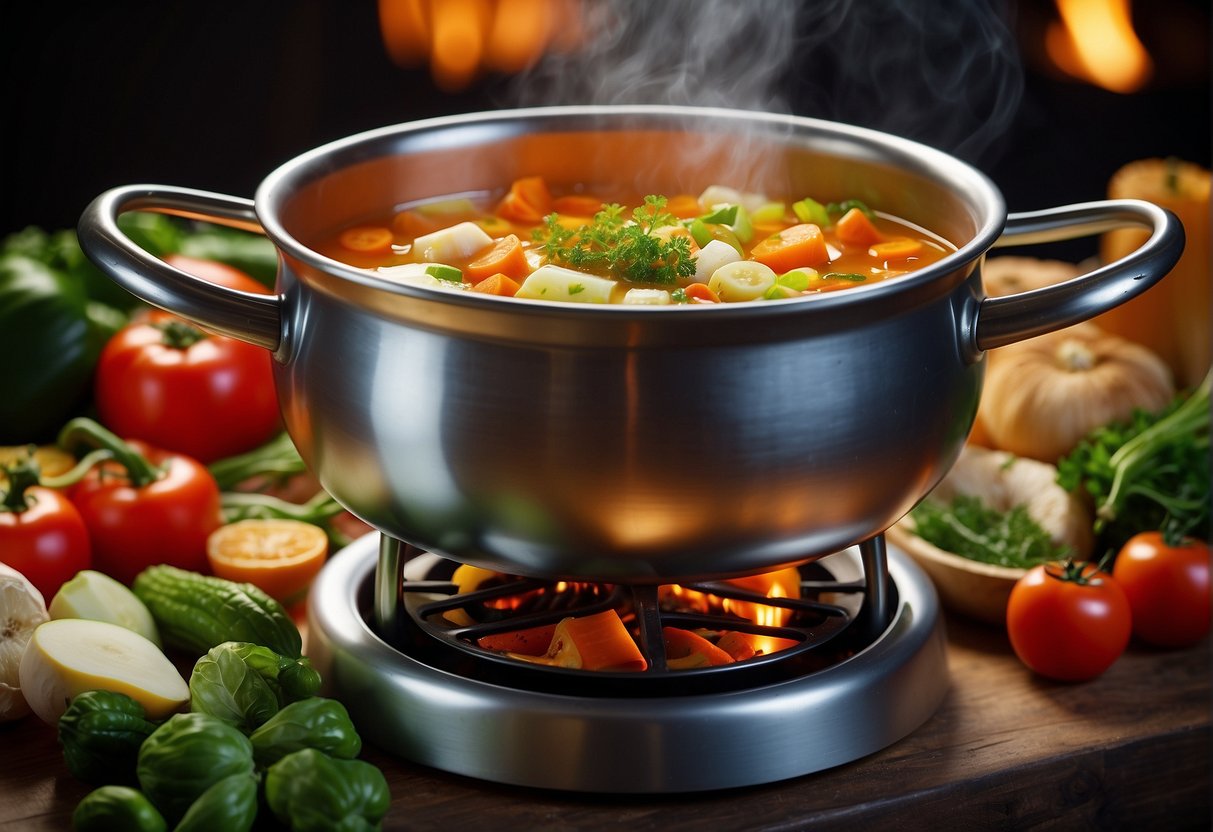 A bubbling pot of soup hovers over a crackling fire, surrounded by an array of colorful vegetables and aromatic herbs
