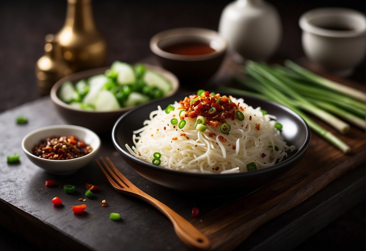 A plate of Chinese shredded potato topped with green onions and red chili flakes, accompanied by a pair of chopsticks and a small dish of soy sauce