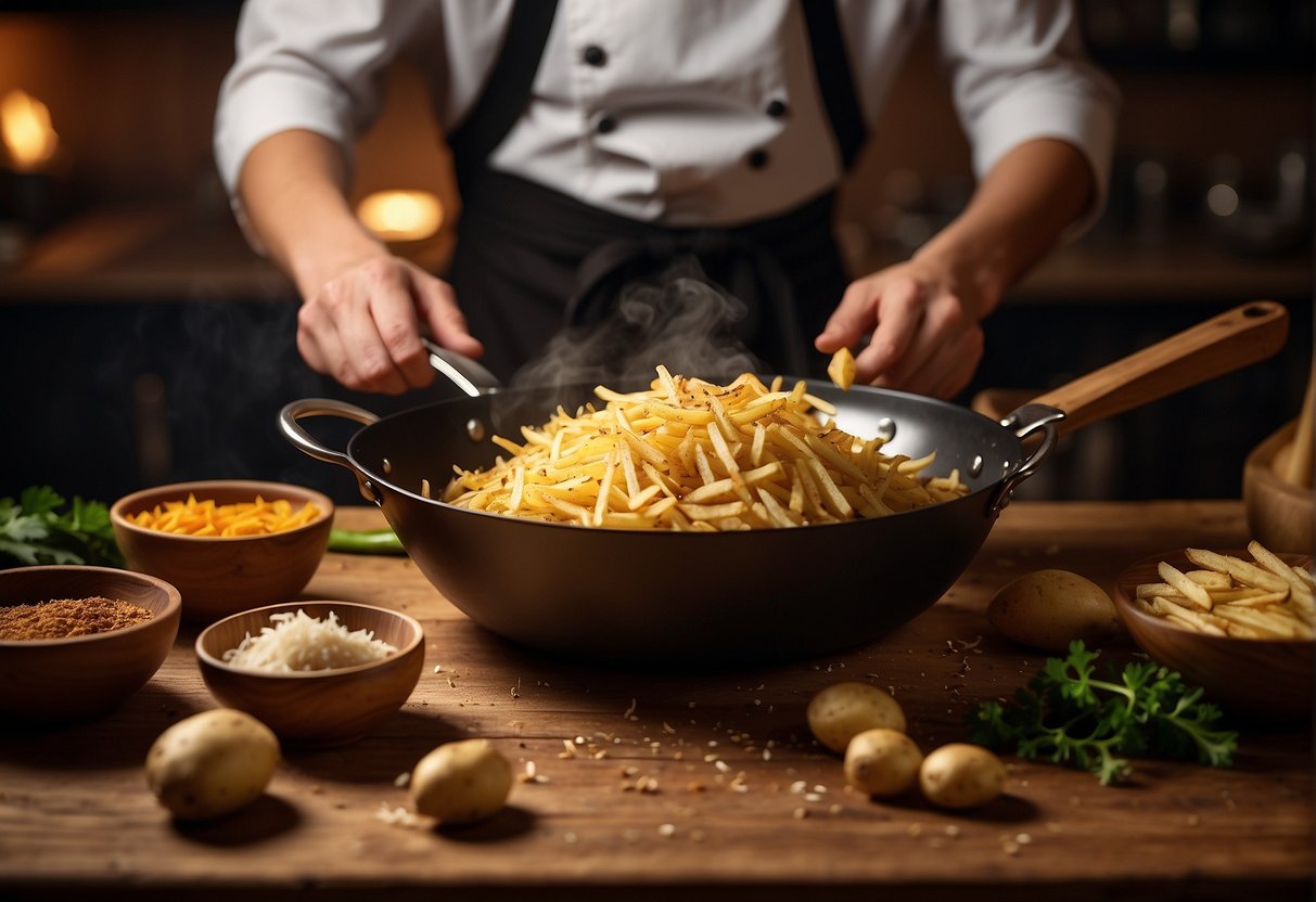 A chef grates potatoes, mixes with spices, and fries in a wok. A bowl of crispy, golden shredded potato dish sits on a wooden table