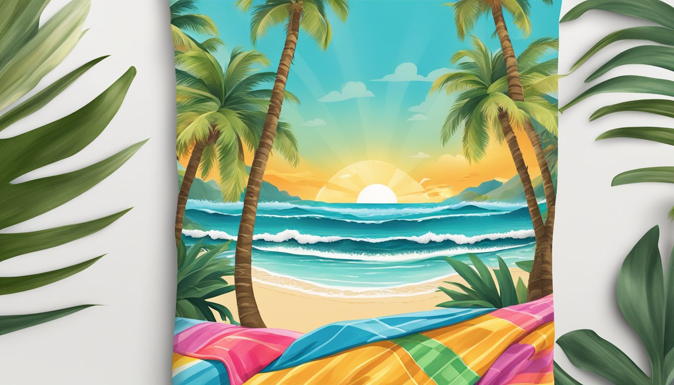 A sun-drenched beach scene with palm trees, waves crashing, and a colorful beach towel with the "faithfull the brand" logo