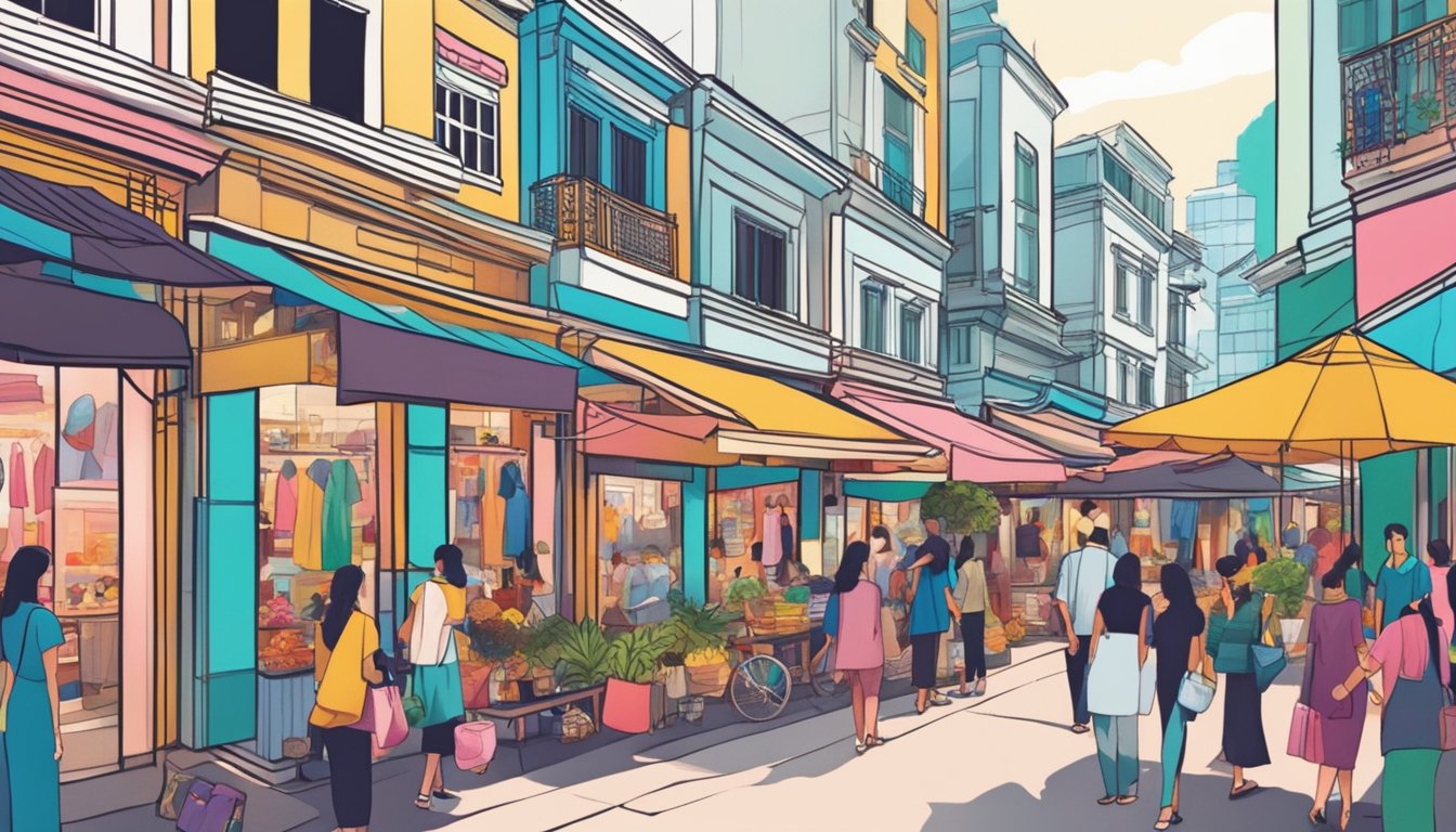 Vibrant colors and bold patterns emerge from a bustling marketplace, showcasing the unique style of a local fashion brand in Singapore