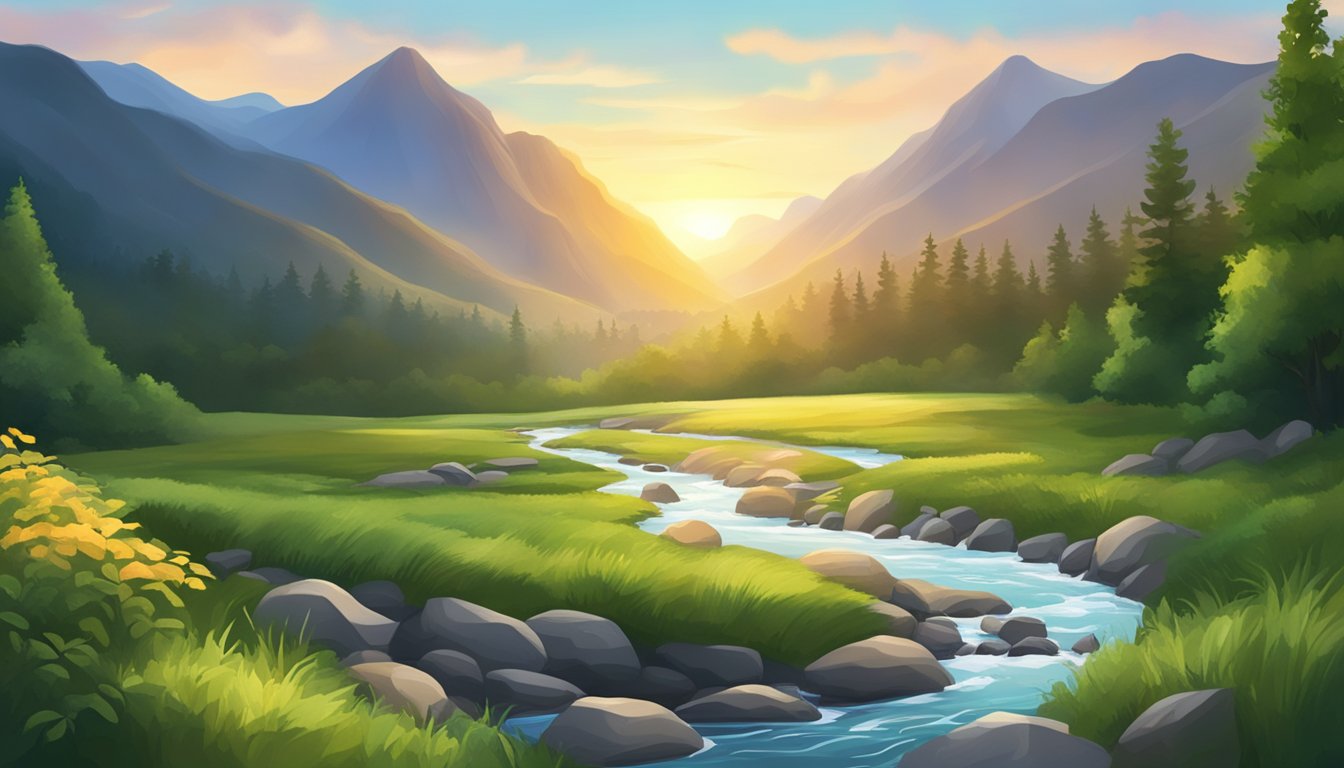 A serene mountain landscape with a flowing river, lush greenery, and a sunrise peeking over the horizon
