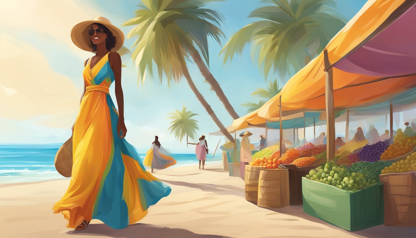 A sun-drenched beach with palm trees, a colorful market stall, and a flowing maxi dress in the wind