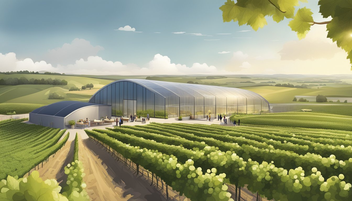 A vineyard with modern, eco-friendly facilities and innovative production methods, showcasing sustainability in champagne production