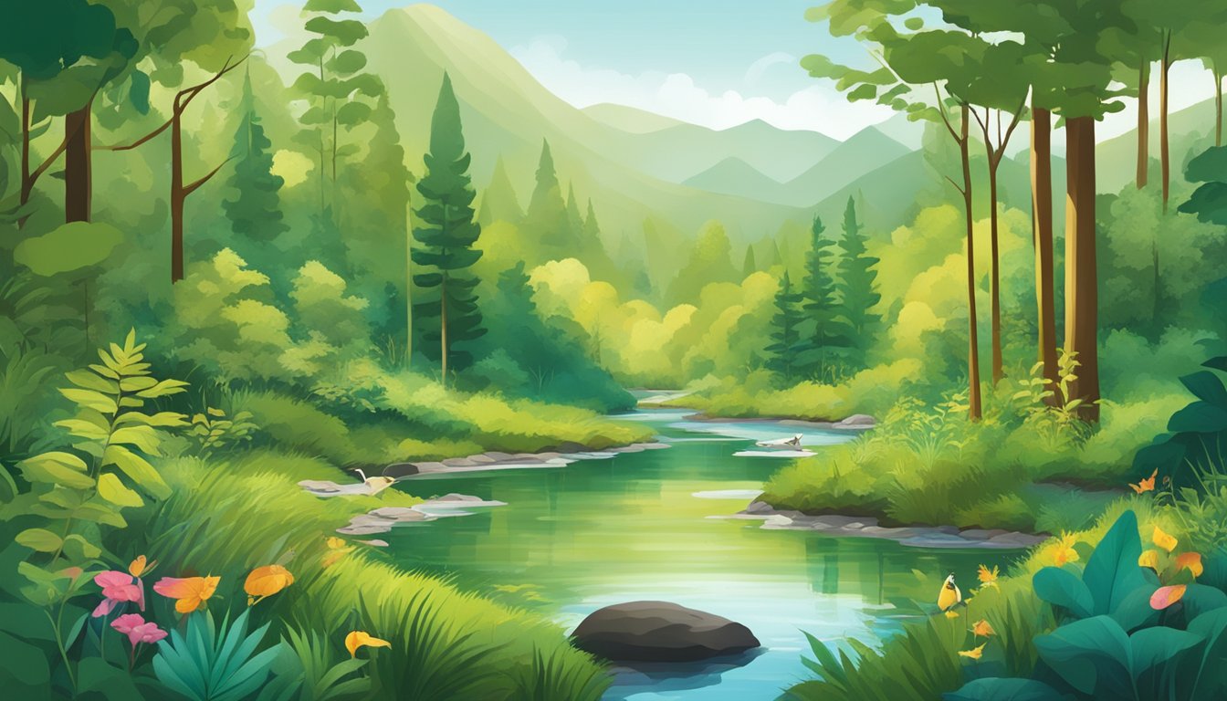 A lush green forest with a clear stream, surrounded by diverse wildlife and vibrant plant life, showcasing the brand's commitment to sustainability