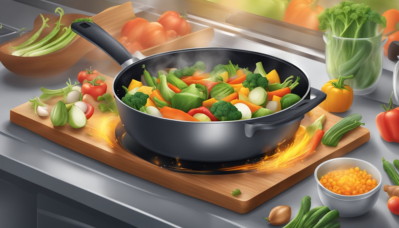 A sizzling pan with Wahyu Brand ingredients, steam rising, and vibrant colors of fresh vegetables being chopped and added
