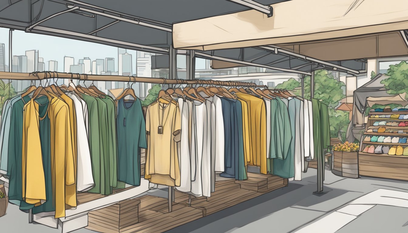 A bustling Singapore street market showcases eco-friendly local fashion brands. Garments made from sustainable materials hang on display