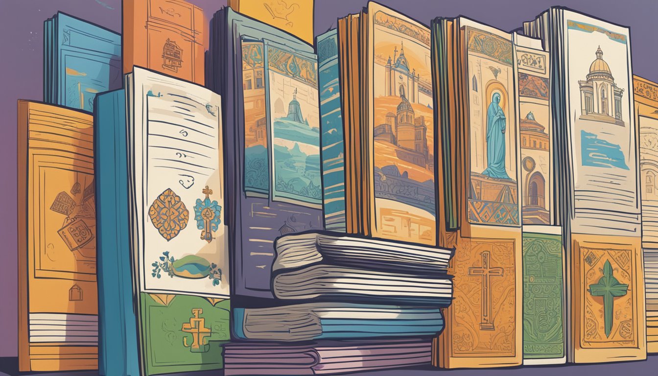A stack of colorful pamphlets with "Frequently Asked Questions" printed on the cover, surrounded by a variety of religious symbols and icons