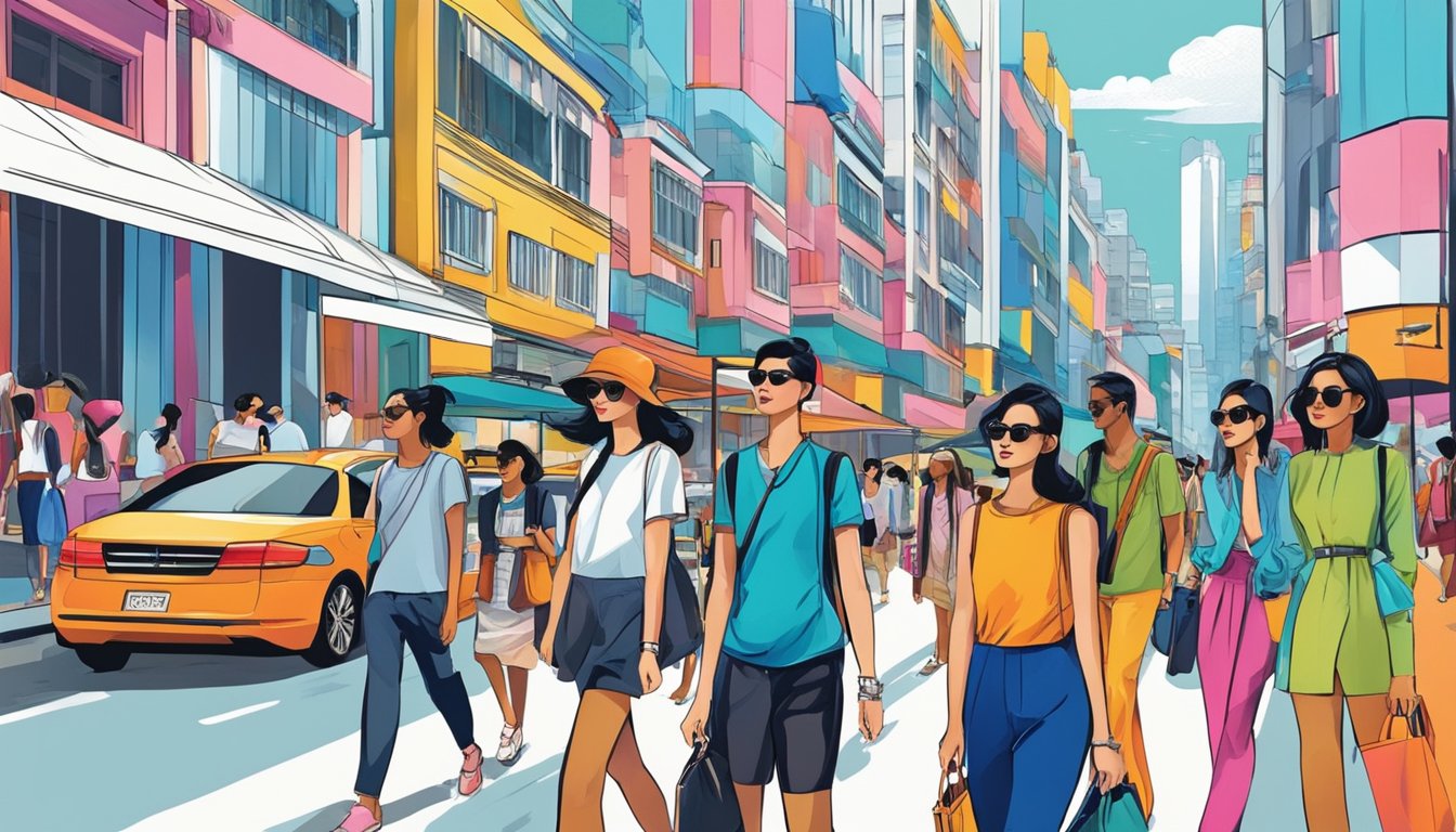 Vibrant street scene with diverse fashionistas showcasing local trends in Singapore. Bold colors, unique prints, and modern silhouettes dominate the bustling urban setting